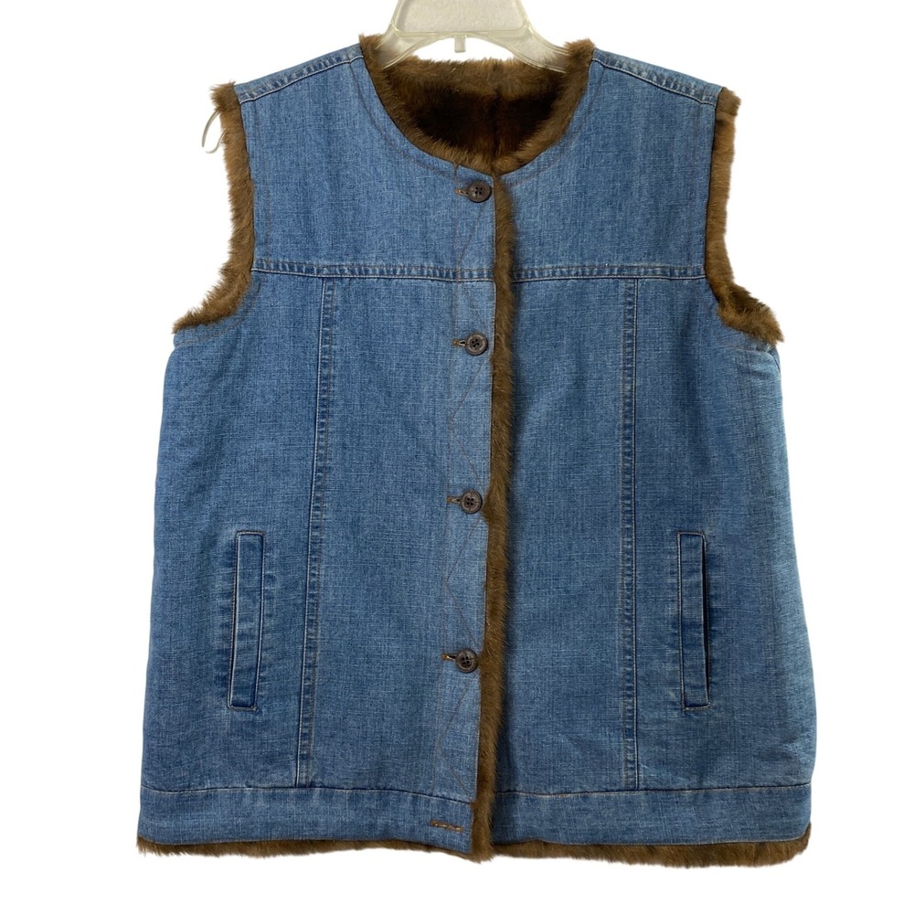 Denim & Co Reversible Vest Women Medium Denim Brown Faux Fur Indie Layering
